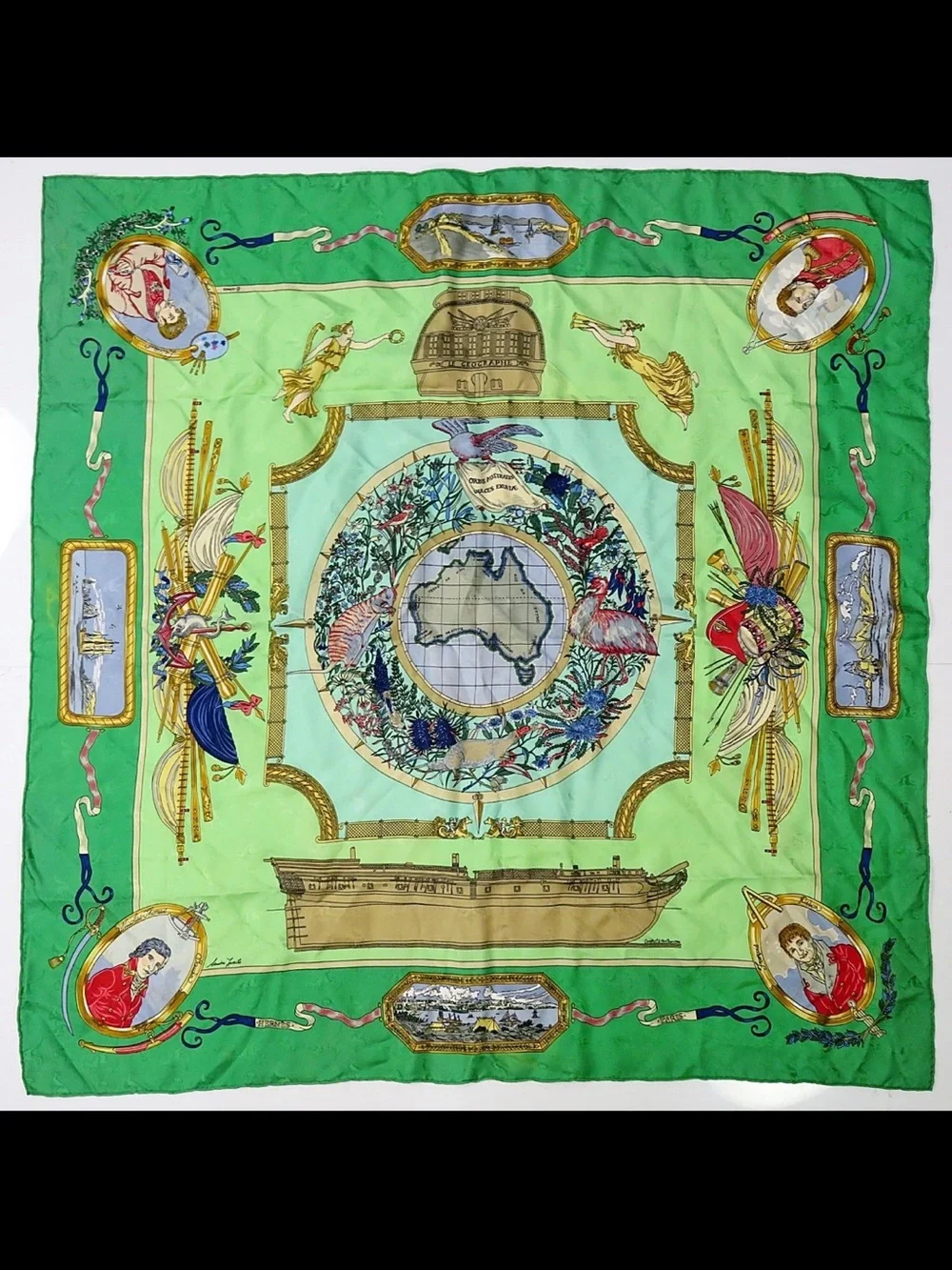 Hermes Green and Light Green Silk Scarf with Multicolor Motif